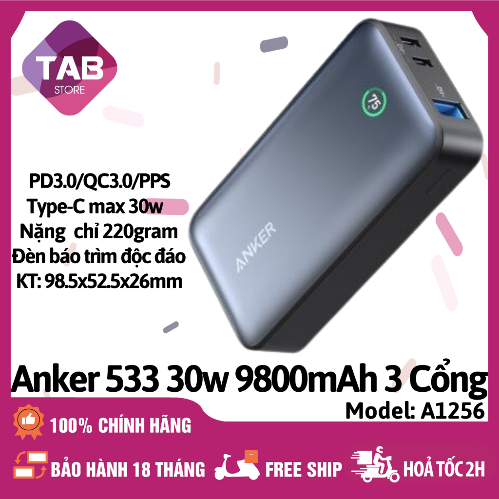 Sạc Dự Phòng Anker 533 9800mAh 30w 3 Cổng Chính Hãng - A1256 (Bảo Hành 18 Tháng)