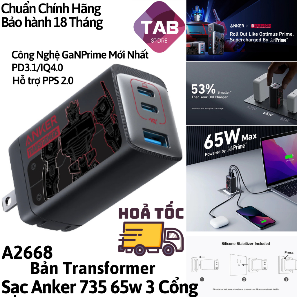 Sạc Anker 735 65w [Gan Prime] Bản Transformer PD3.1/IQ4.0/PPS2.0 2C+1A - A2668 (Bảo Hành 18 Tháng)