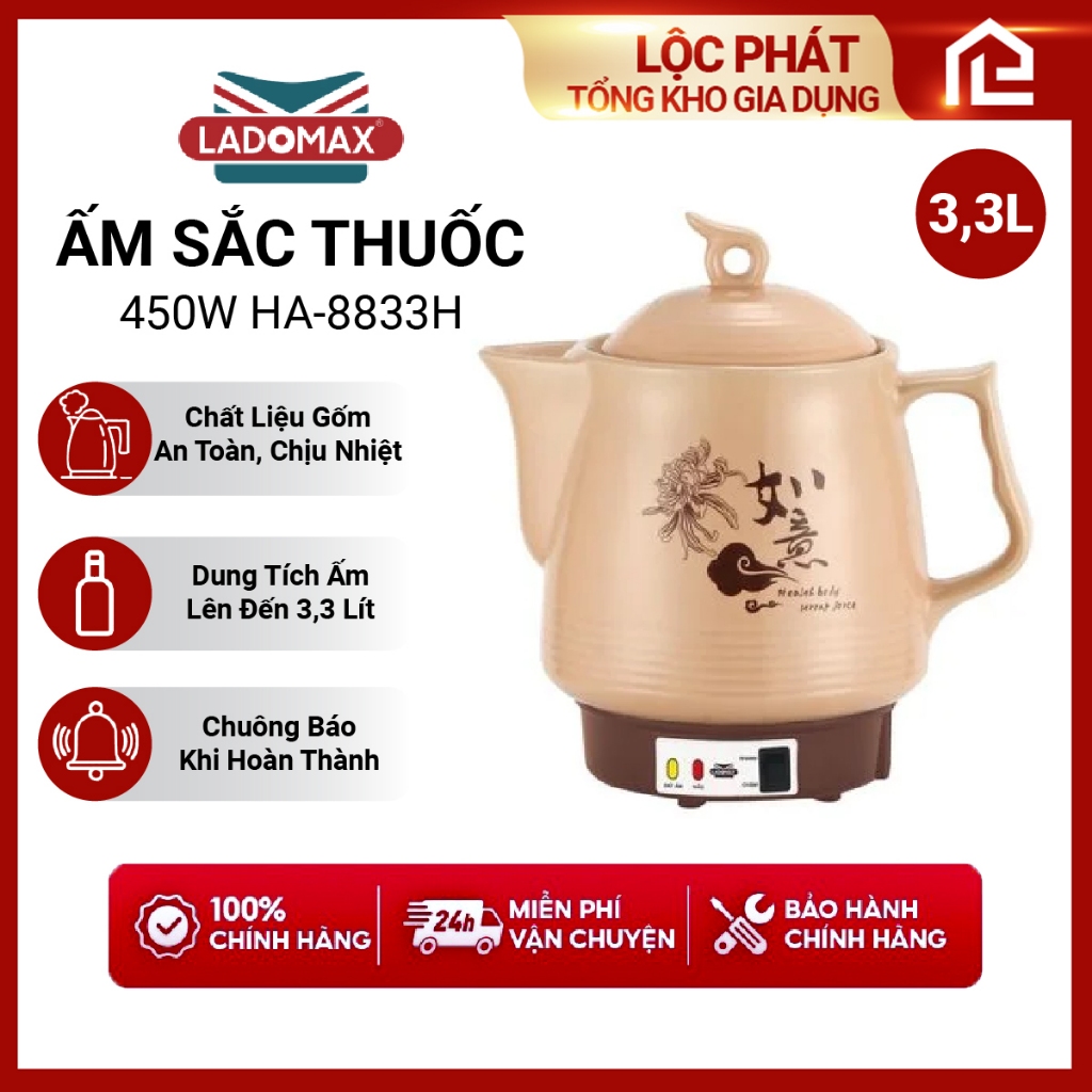 Ấm Sắc Thuốc LADOMAX HA- 8833H 3,3L Có Chuông Báo Mâm Nhiệt Inox Giữ Ấm 2 Chế Độ Nấu Hãng BH12 Tháng