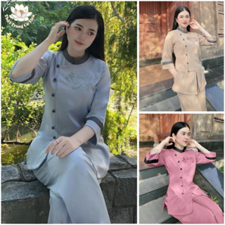  Bộ đồ Phật tử áo lam đi Chùa nữ sét bộ đồ pháp phục lễ chùa cổ tàu phối đen thiêu hoa sen ,nút bọc vải đen 