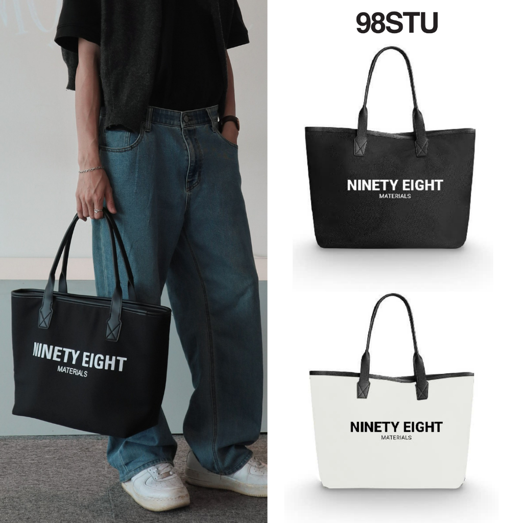 Túi tote 98stu logo Daily vải bố phối da cao cấp Canvas có dây kéo đeo vai