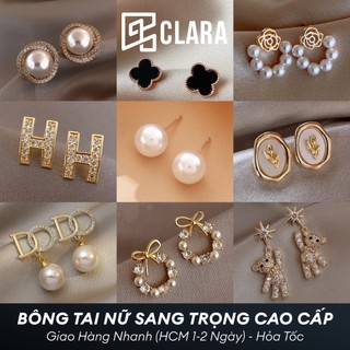  Bông tai nữ ngọc trai sang chảnh. Khuyên tai tròn bạc titan đính đá không gỉ. Hoa tai to nhỏ - Clara 