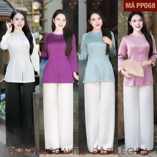(PP068)_Pháp Phục Đi Lễ Chùa Cho Nữ - Mã Set Bộ Bà Ba - Chất liệu Áo Lụa 2 Da & Quần Lụa Vân, Họa Tiết Cổ Khuy Ngọc.