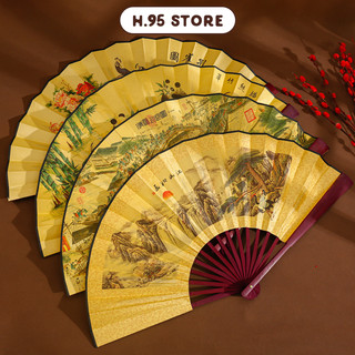 Quạt xếp in tranh thư pháp thủy mặc nền vàng cổ trang Trung Quốc