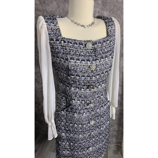 Đầm dạ tweed phối lụa siêu sang ảnh thật