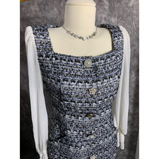 Đầm dạ tweed phối lụa siêu sang ảnh thật