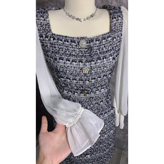 Đầm dạ tweed phối lụa siêu sang ảnh thật