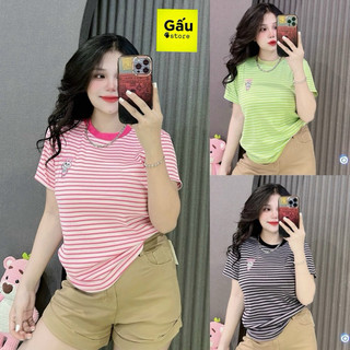 Áo thun nữ phom ôm cổ tròn sọc thêu labubu