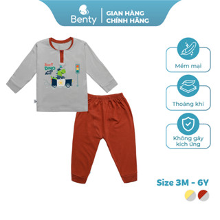Bộ dài tay cổ trụ phối ghi xám BENTY in khủng long BT053 cotton cao cấp mềm mịn kháng khuẩn