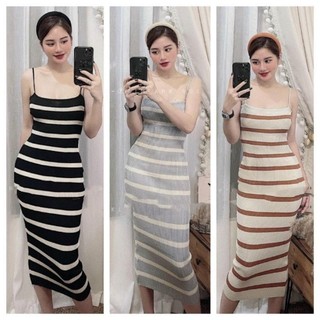 Váy 2 dây len kẻ ôm body hàng qc
