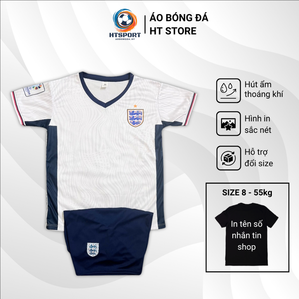 Quần Áo Bóng Đá -Đội tuyển Anh Euro 2024 -Chất Thun Lạnh -Thấm Hút Mồ Hôi -In Tên Số -Size 8-65kg