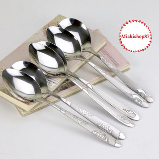 [Loại To] Thìa Ăn Cơm, Cháo, Súp Inox Cán Hoa Loại Đẹp, Thìa Súp Cán Dài Chạm Khắc Hoa Văn