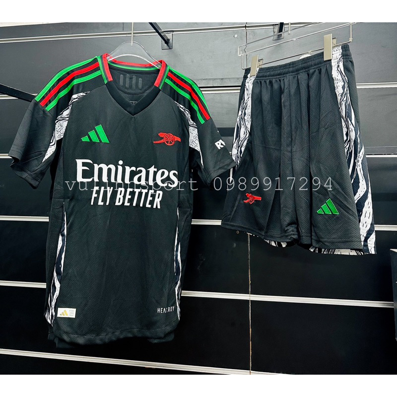 Bộ Quần Áo thể thao bóng đá nam nữ clb Ars Arsenal 24/25 sân khách màu đen viền xanh đỏ logo thêu
