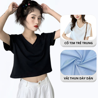 Áo Thun Croptop Nữ Ngắn Tay Mùa Hè Cổ Tim Form Rộng Madela Co Giãn Dày Dặn, Croptop Ngắn Tay Cổ V Form Rộng Nữ