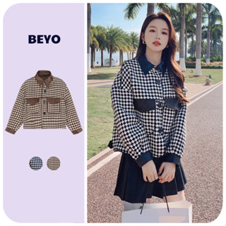 Áo khoác dạ tweet Beyo áo phối da áo khoác dạ hoạ tiết kẻ caro dáng ngắn tay dài phù hợp mọi phong cách FG007