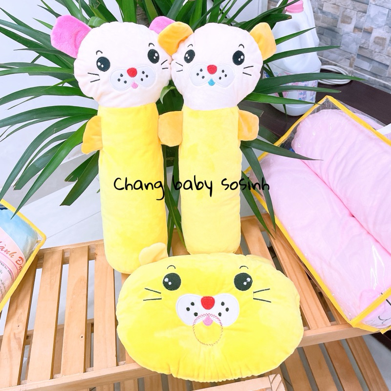 Bộ gối nằm + 2 ôm nhung cho bé (1 gối lõm+2 gối ôm)
