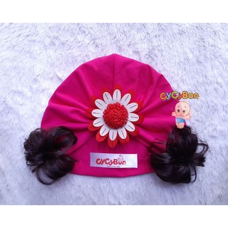 Mũ Nón Turban Tóc Giả Cho Bé Gái Thun Cotton Bao Co Giãn Đính Bông Cúc Đỏ Trắng