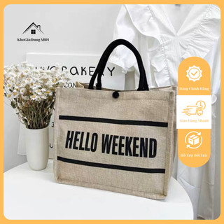 Túi cói kèm ví hello weekend-túi cói đi biển đi du lịch phong cách hàn quốc