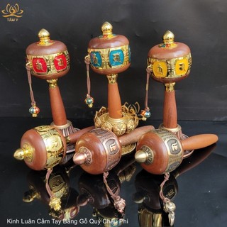 Kinh Luân Cầm Tay Bằng Gỗ bên trong có chân ngôn Lục Tự Đại Minh Om Mani Padme Hum Quan Âm