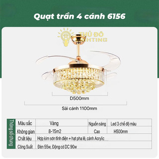 Quạt Trần Đèn 4 Cánh 6156 Trang Trí Phòng Khách, Phòng Ngủ THỦ ĐÔ LIGHTING - Đèn Led 3 Chế Độ Sáng