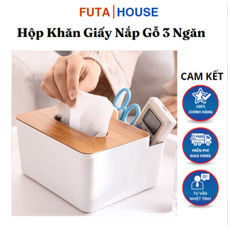 Hộp khăn giấy nắp gỗ 3 ngăn hộp đựng giấy ăn để bàn