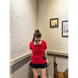 [COLIN CLOTHING] Áo polo nữ len gân sọc cổ form basic