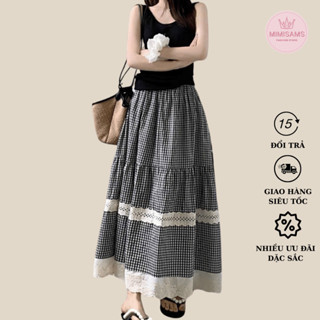 chân váy dài kẻ MIMISAMS  phối viền ren 2  lớp , chân váy midi lưng chất thất thô kẻ dáng xòe viền ren