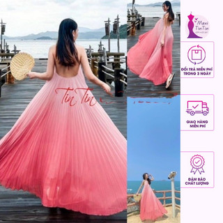 Đầm maxi đi biển omber hồng cổ yếm hở lưng siêu dễ thương