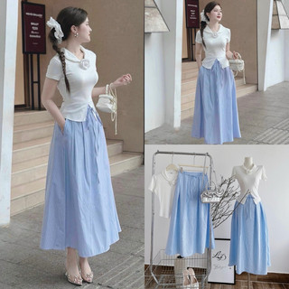 Set áo trễ vai nơ cổ + chân váy