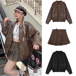  CHÂN VÁY DA XẾP LY MÀU NÂU LOANG ÁO BOMBER DA NÂU  VINTAGE   Hàng Có Sẵn Ship Liền   