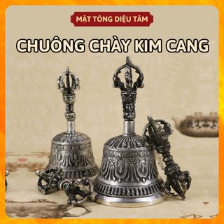 Bộ chuông và chày kim cang - linh chử - chuông lắc - chuông tay - pháp khí mật tông bằng đồng tráng bạc cỡ lớn