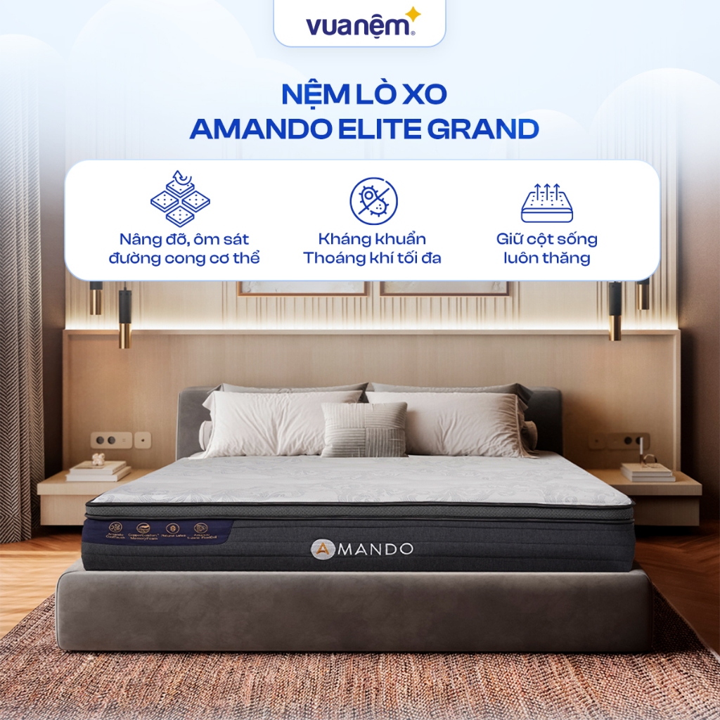 Nệm lò xo điều hòa thân nhiệt Amando Elite Grand A - Đệm lò xo cao cấp, tiêu chuẩn 5 sao