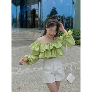 29feb.closet [xả Kho] Áo trễ vai croptop bèo 2 tầng chất đũi - A65