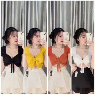 Áo croptop nữ kiểu thun gân len 4 chiều cột nơ tay ngắn dễ phối đồ Voi Women