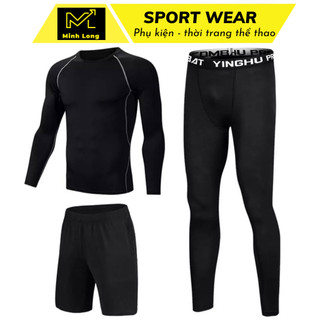 [Mã 2611THTRANG100K hoàn 10% xu đơn 99K] Bộ Quần Áo Dài Tay Legging Nam - Quần Áo Giữ Nhiệt 3 in 1 Đen Có Hình