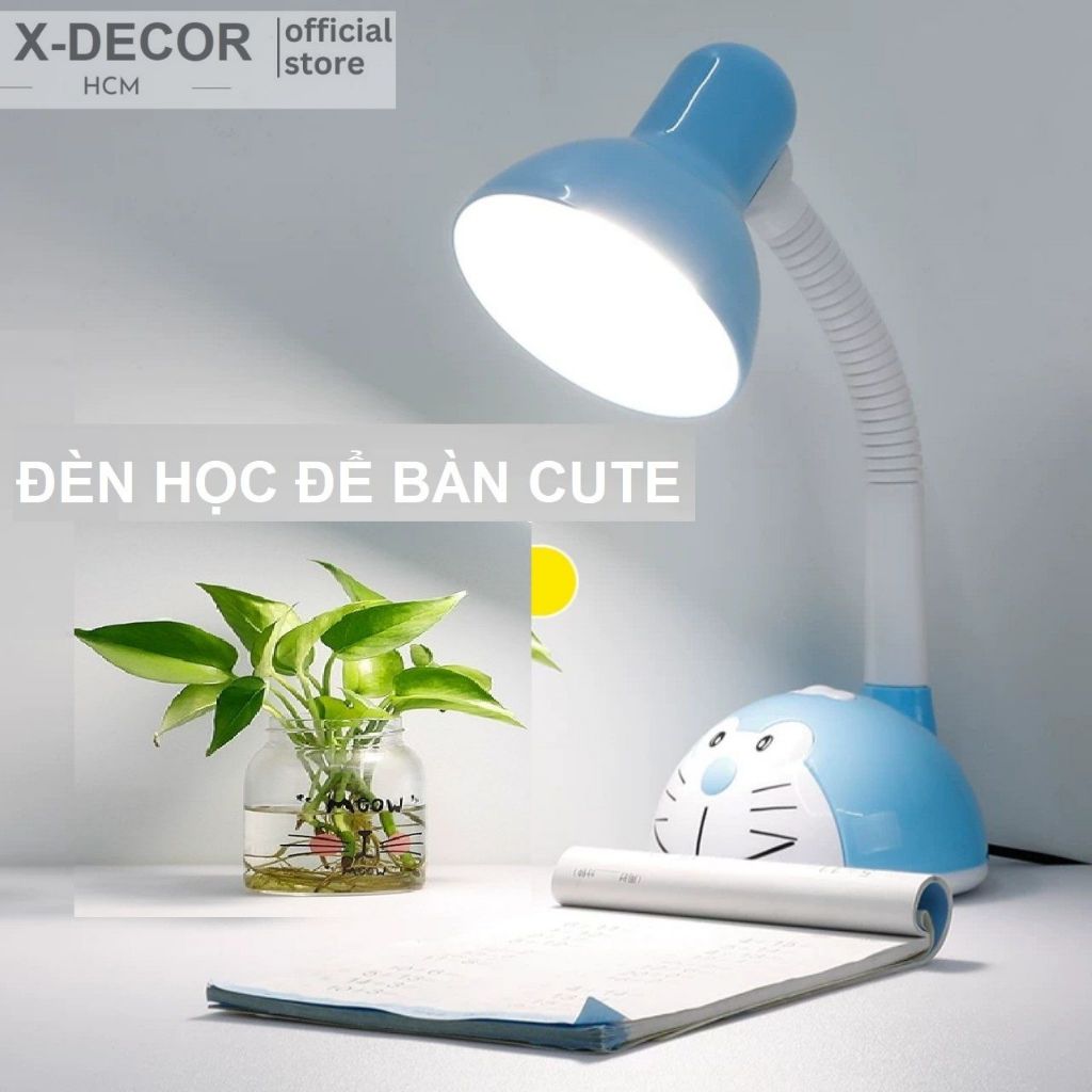 Đèn Led Bàn Học Mèo Máy Doraemon Dễ Thương Tặng Kèm Bóng Led 7W Hai Màu Xanh Hồng