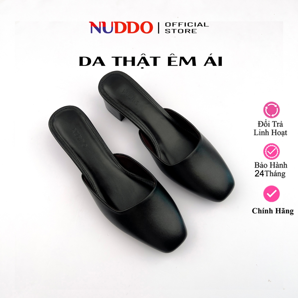 Giày Sục Nữ Đế Vuông 3cm Thời Trang, Guốc Mules Mũi Vuông Da Thật Cao Cấp NUDDO A033D