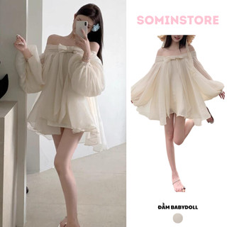Đầm váy babydoll trễ vai dài tay bồng xoè thắt nơ to loại đẹp 2 lớp sominstore