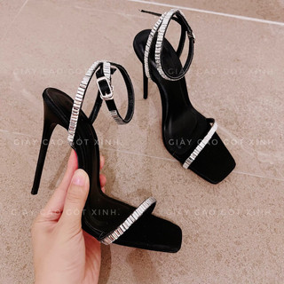 sandal cao gót nữ mũi vuông quoai đá hình nhật sang trọng 8-9-11-12phân (H)