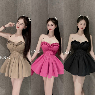 Đầm Cúp Ngực Viền Bèo Dáng Ngắn Xoè + Quần Short Bí Phồng
