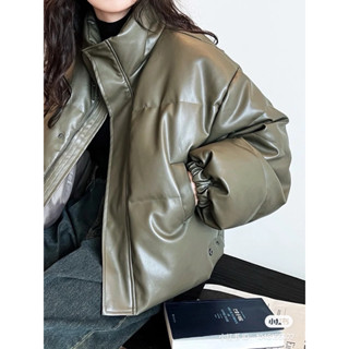Áo khoác da pu croptop cao cấp cổ cao trần bông dày dặn kiểu ráng Hàn Quốc đơn giản thời trang mùa đông-Áo ấm mùa đông