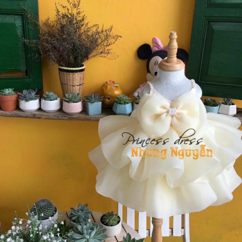 Váy Hai Dây Kết Cườm Hai Tầng Voan Phồng Nơ To Nhung Nguyễn Váy Đầm Công chúa Bé Gái Cao Cấp Tặng Kèm Cài