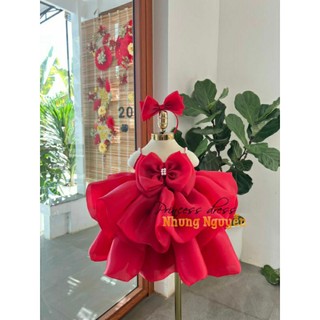 Váy Hai Dây Kết Cườm Hai Tầng Voan Phồng Nơ To Nhung Nguyễn Váy Đầm Công chúa Bé Gái Cao Cấp Tặng Kèm Cài
