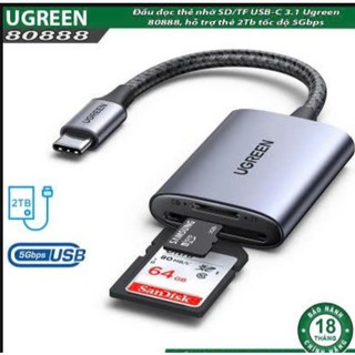 Đầu đọc thẻ SD/TF Ugreen 80888 CM401(USB C 3.1 truyền dử liệu 5Gbps,đọc thẻ 2TB) Vỏ Nhôm Cao Cấp