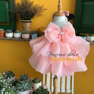 Váy Hai Dây Kết Cườm Hai Tầng Voan Phồng Nơ To Nhung Nguyễn Váy Đầm Công chúa Bé Gái Cao Cấp Tặng Kèm Cài
