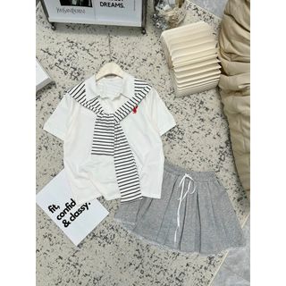 Set 3 chi tiết chân váy xếp ly phối ren áo polo phối khăn A3448 Aholic