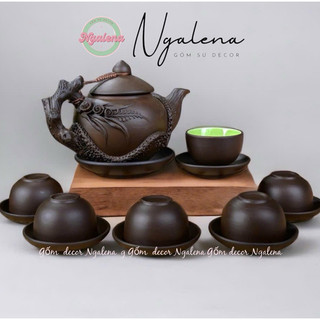 Bộ ấm chén tử sa đắp nổi hoa lan gốm Bát Tràng