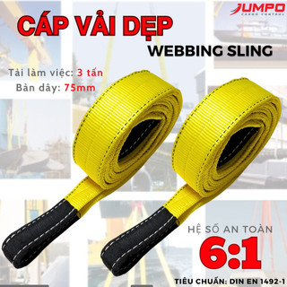 Dây cáp vải cẩu hàng Jumpo, bản dẹp 3 tấn 2 đầu mắt, bản 75mm, hệ số an toàn 6:1,100% Polyester, chuẩn Châu Âu bền chắc