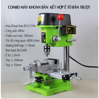 Combo máy khoan bàn miniq 480w kèm ê tô bàn trượt