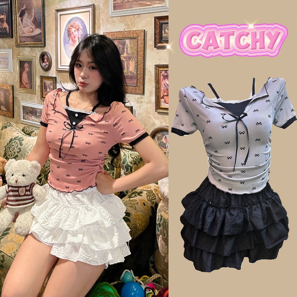 Set áo yếm thun croptop baby tee đính nơ phối chân váy bí phồng xòe CATCHYstore set bộ xinh xắn dễ thương phong cách y2k